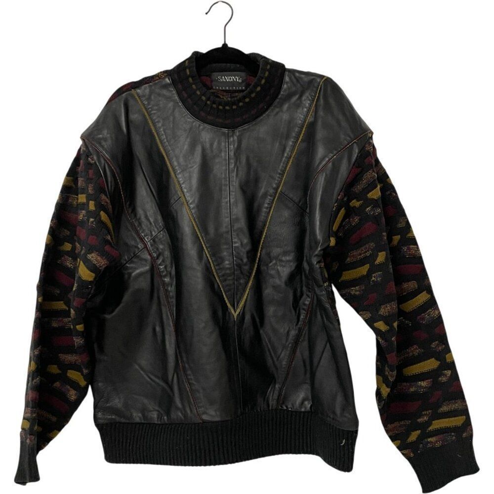 Vintage Saxony Sweater Mens Large L Multicolor Geometric Leather Knit 90s Coogi